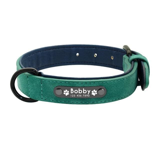 BUNDLE - 2 x Personalized Leather Pin Buckle Dog Collar + Strong Nylon Double Dog Lead