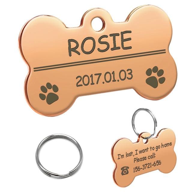Stainless Steel Personalized Lost Dog Tag - Rose Gold bone / L