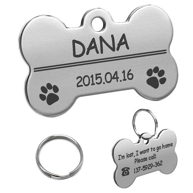 Stainless Steel Personalized Lost Dog Tag - Silver bone / L