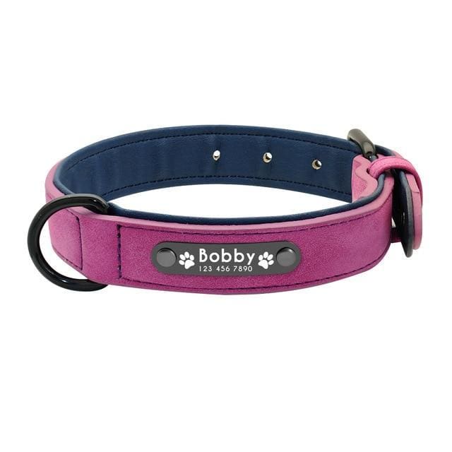 BUNDLE - 2 x Personalized Leather Pin Buckle Dog Collar + Strong Nylon Double Dog Lead