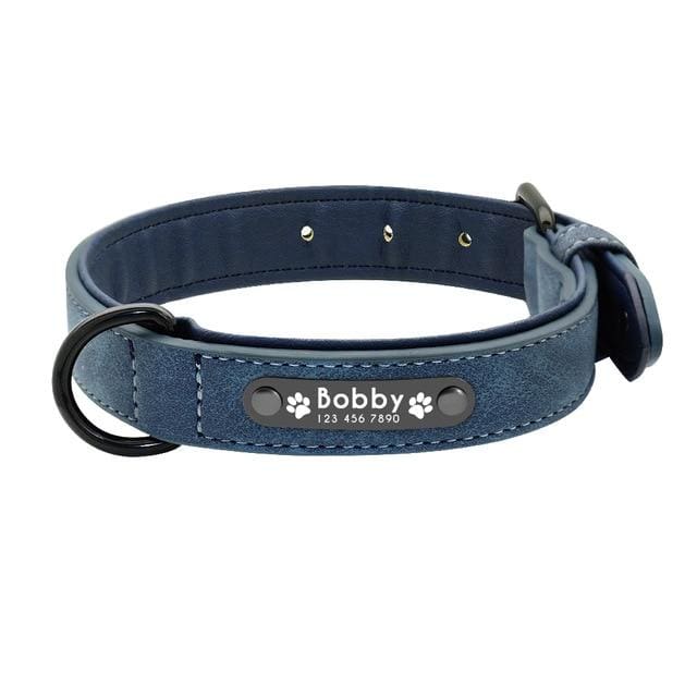 Personalized Leather Pin Buckle Dog Collar - Blue / S