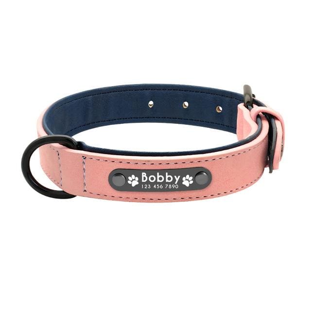 Personalized Leather Pin Buckle Dog Collar - Pink / S