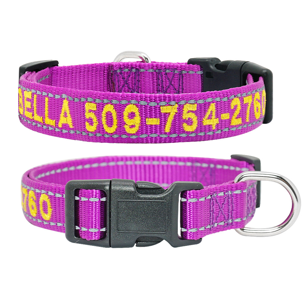 Embroidered Personalised Dog Collar with Reflective Stitching