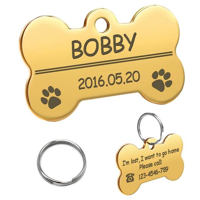 Stainless Steel Personalized Lost Dog Tag - Gold bone / L